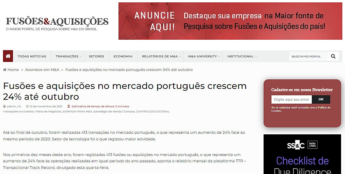 Fuses e aquisies no mercado portugus crescem 24% at outubro